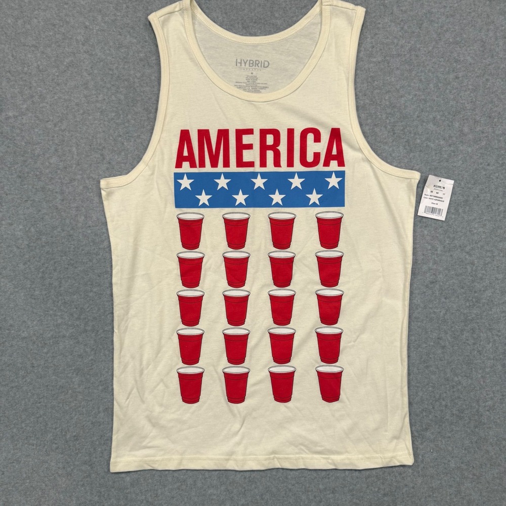 Hybrid Apparel Mens America Red Party Cup Tank Top Cream Size Medium NWT